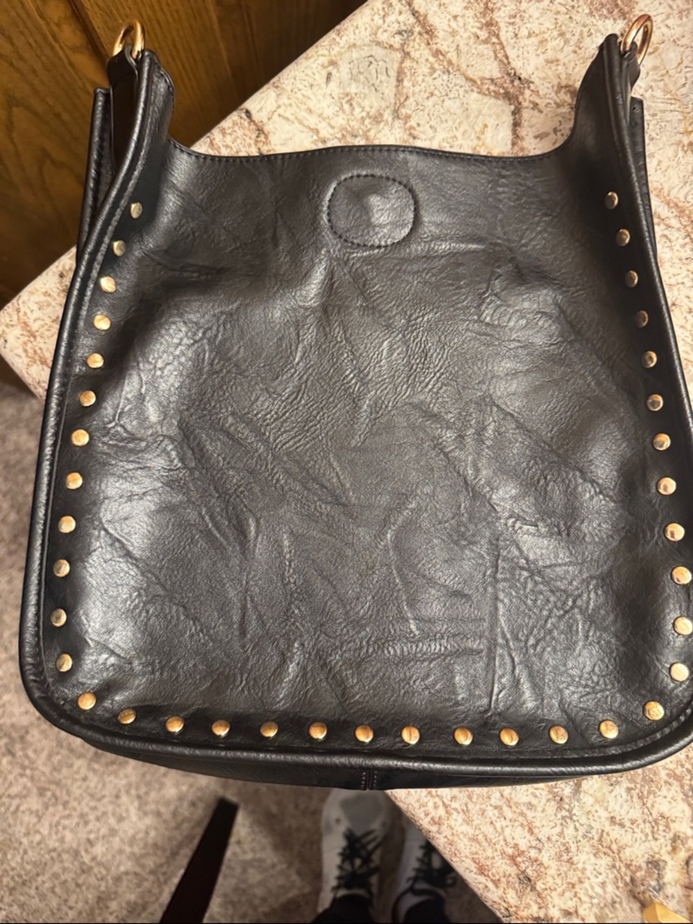 Black Leather Crossbody Bag with Gold Stud Trim